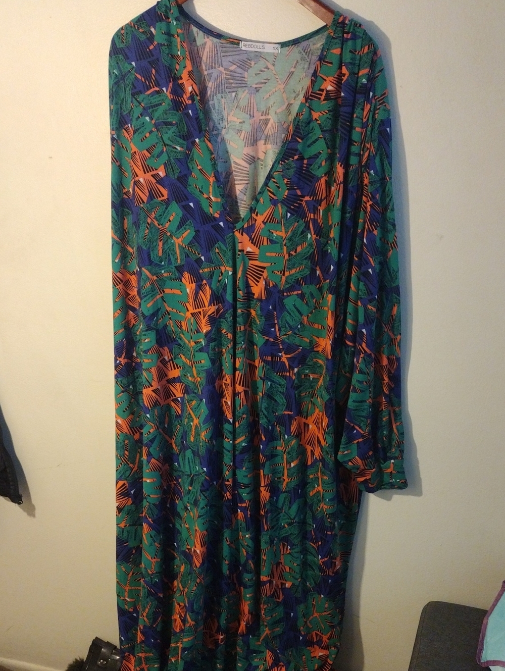 Rebdolls Neon Orange & Emerald Leaf Print V-Neck Maxi Wrap Dress . 5x